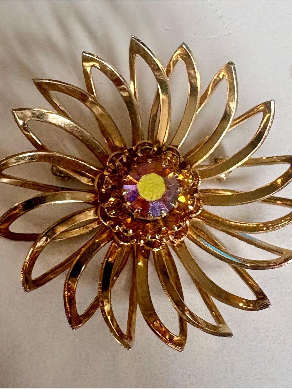 Sarah Coventry Gold Floral Brooch with Aurora Borealis Crystal